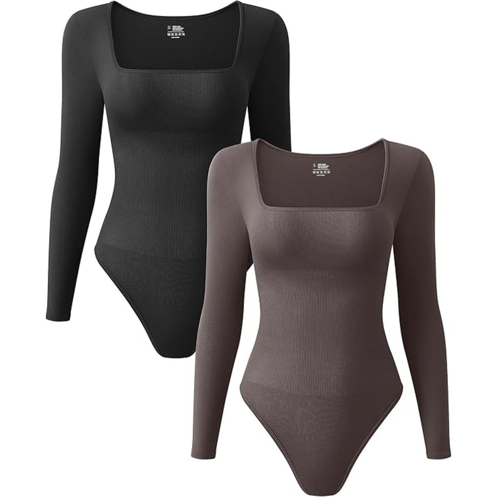 NWT OQQ Set of 2 Bodysuits Ribbed Square Neck Long Sleeve in Black and Tea Leaf.